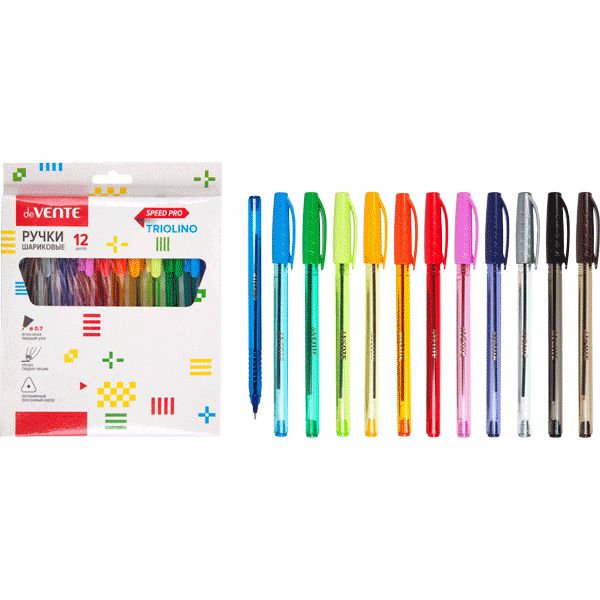 Ручки шариковые, набор 12 шт./12 цв., Ø 0.7 мм "игла", рифл. упор, тон. корп., deVENTE Speed Pro_Triolino Translucent