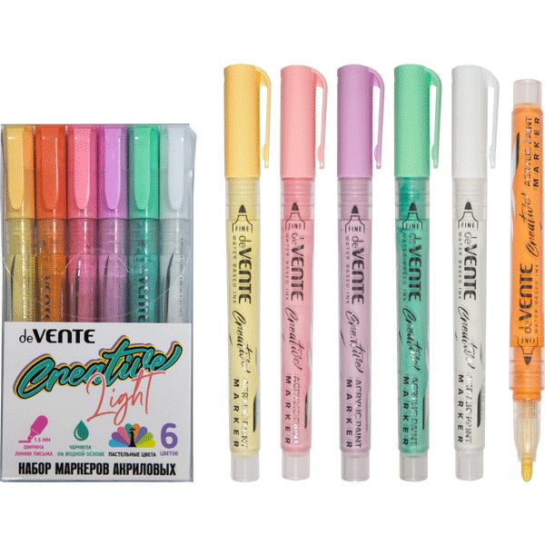 Маркеры акриловые deVENTE Creative Light, набор 6 цв. (pastel), пулевидный н-к, 1.5 мм