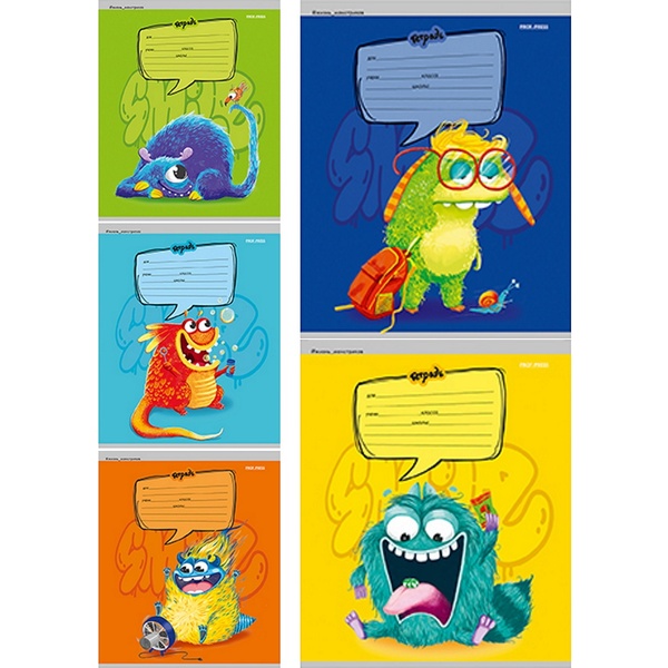 Тетрадь А5, косая линия, 12 л., на скобе, 60 г/м², мел. бум., Prof-Press Цветные монстрики_5 дизайнов