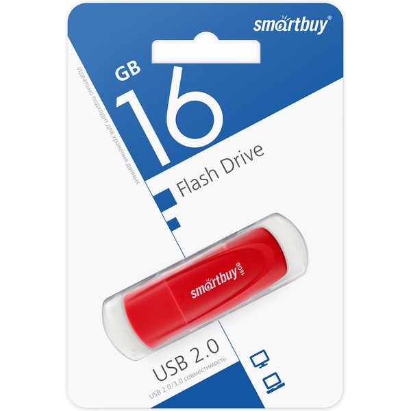 Флеш-накопитель USB 2.0, 16 ГБ, Smartbuy Scout_красный