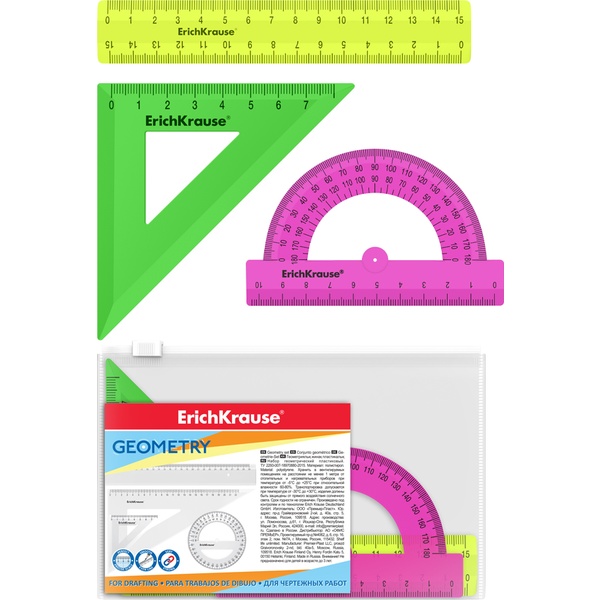 Инструменты чертежные 3 предм.: линейка 15, угольник 45/9, транспортир, ErichKrause Neon Solid