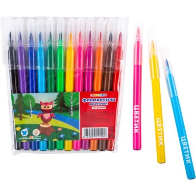 Фломастеры-кисточки 12 цветов, чернила в/о, вент. колпачок, круг. корп., ЦВЕТИК (пвх конверт)