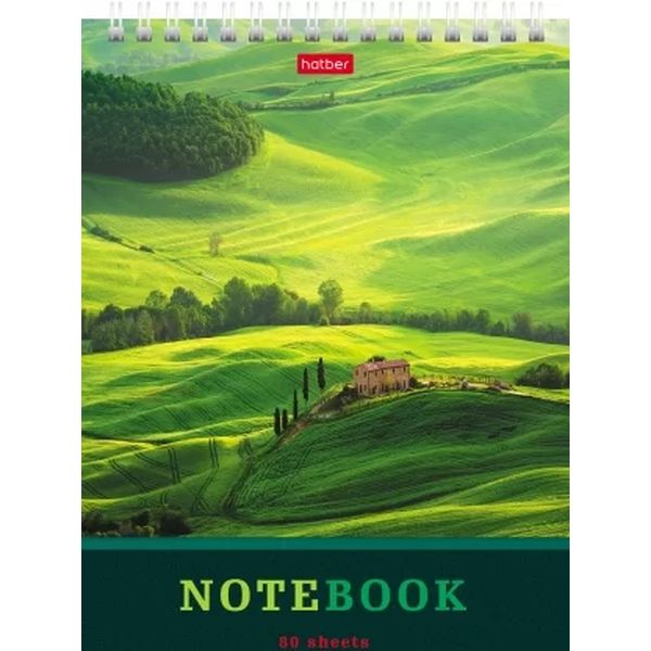 Блокнот на гребне А5, 80 л., клетка, 65 г/м², уф-лак, ж/подложка, Hatber Зеленые долины
