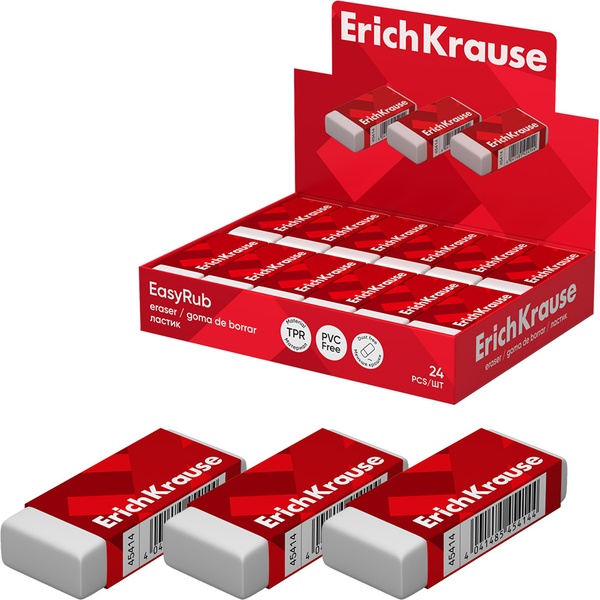 Ластик ErichKrause Легкое стирание, ТПР, прямоугольный, 51*21*11 мм, белый, + картон. держатель
