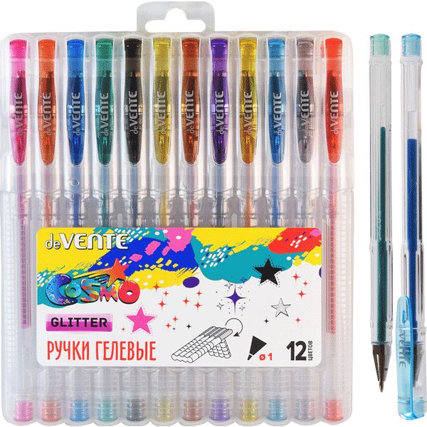 Ручки гелевые, набор 12 шт./12 цв., Ø 1.0 мм, лин. 0.45 мм, deVENTE Cosmo Glitter Акция!