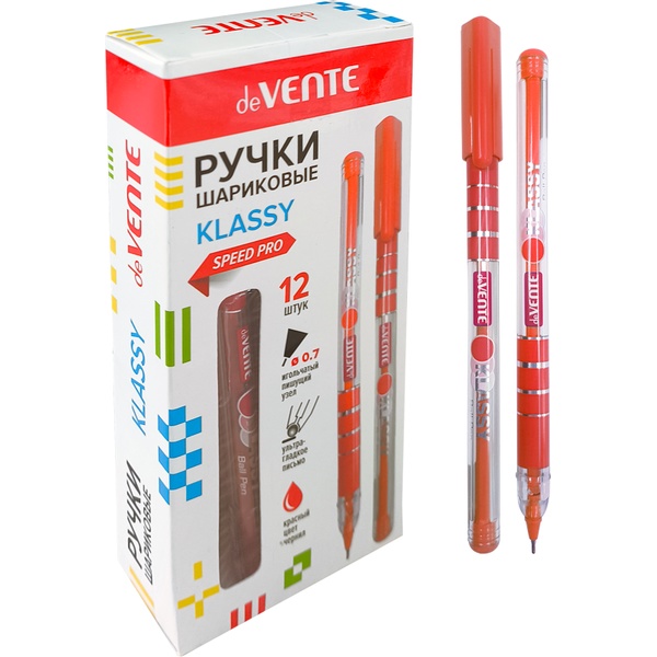 Ручка шариковая красная, 0.7 мм, н-к "игла", прозр. корп.с цветным дизайном, deVENTE Klassy
