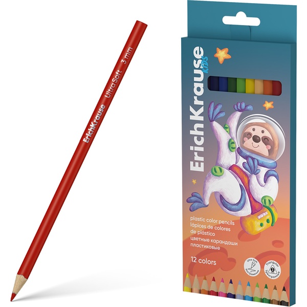 Карандаши цветные 12 шт., пластиковые, трехгранные, ErichKrause Kids Space Animals (в к/к) Карандаши цветные 12 шт., пластиковые, трехгранные, ErichKrause Kids Space Animals (в к/к)