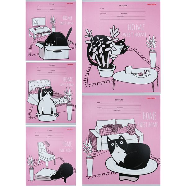 Тетрадь А5, линия, 18 л., на скобе, 60 г/м², мел. бумага, Prof-Press Коты на розовом_5 дизайнов