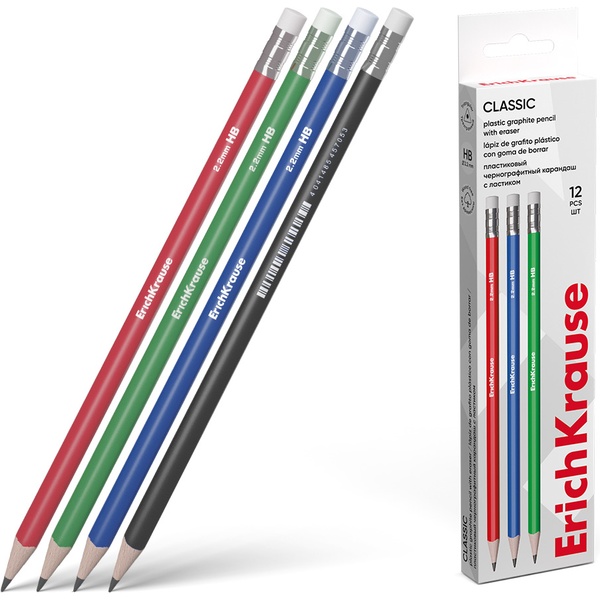 Карандаш чернографитный с ластиком, HB, пластиковый, трехгранный, 4 диз., ErichKrause Classic triangle Карандаш чернографитный с ластиком, HB, пластиковый, трехгранный, 4 диз., ErichKrause Classic triangle