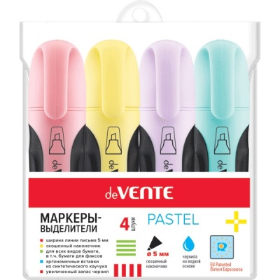 Текстовыделители deVENTE Pastel, набор 4 цв., линия 1-5 мм, н-к "клин", пл. корпус с резин. вставками Текстовыделители deVENTE Pastel, набор 4 цв., линия 1-5 мм, н-к "клин", пл. корпус с резин. вставками