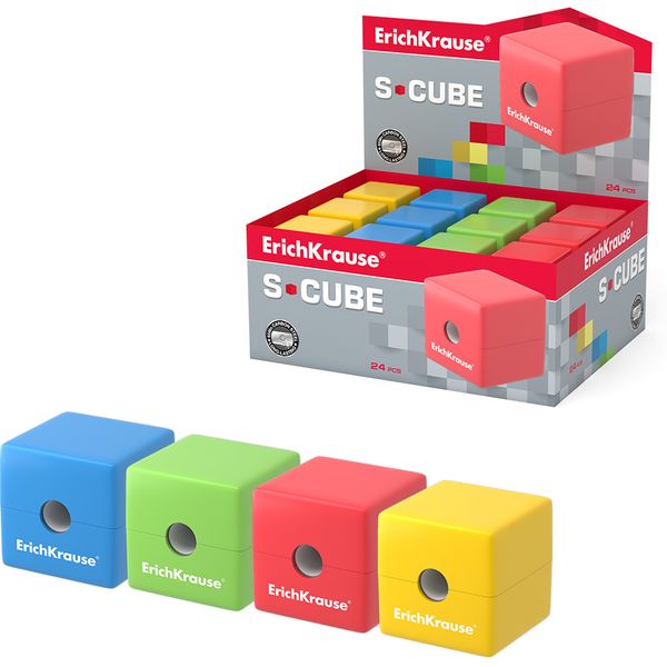 Точилка пластиковая ErichKrause S-Cube, 1 отв., контейнер, ассорти 4 цвета 