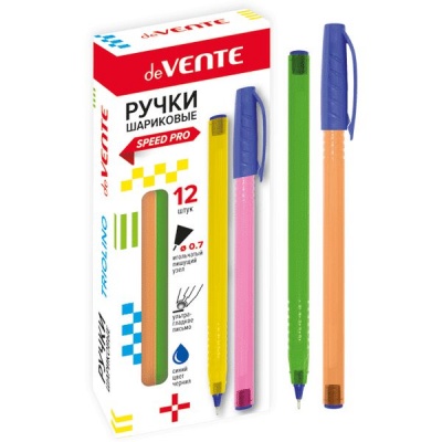 Ручка шариковая, синяя, Ø 0.7 мм "игла", трехгран., тон. корп., рифл. упор, speed pro, deVENTE Neon_4 дизайна