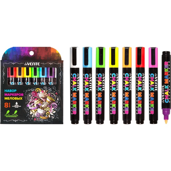 Маркеры меловые, набор 8 цветов, пулевид./скошен н-к, ш/л 3-5 мм, deVENTE Chalk Creative