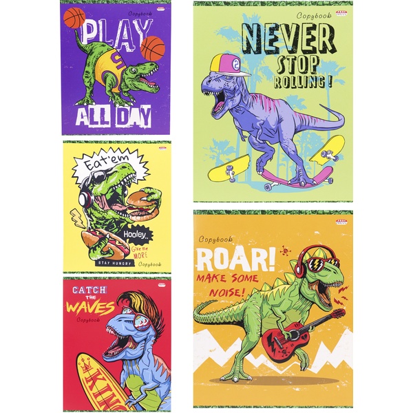 Тетрадь А5, клетка, 48 л., на скобе, 60 г/м², Prof-Press Шумный динозавр_5 дизайнов