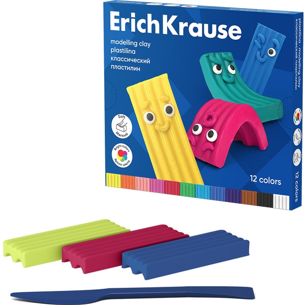 Пластилин классический ErichKrause Color Friends, 12 цветов, 180 г, стек в комплекте, картон. упаковка