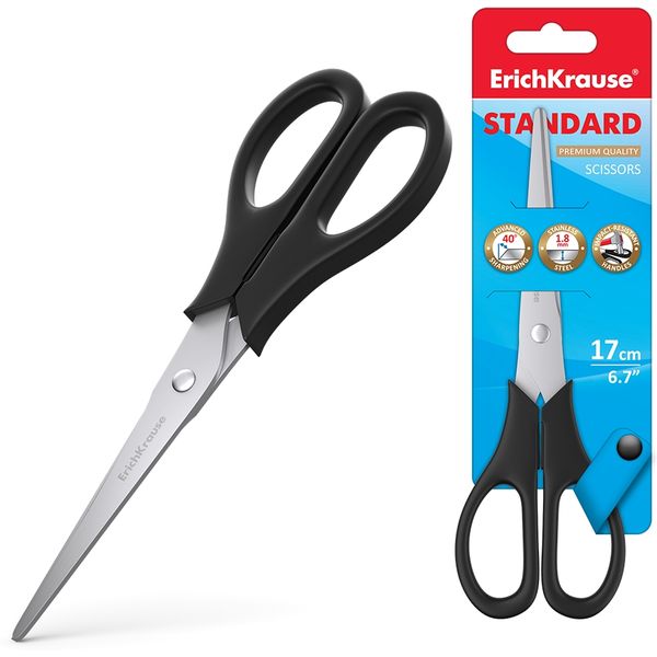 Ножницы 17 см ErichKrause Standard, пластиковые симметричные ручки, черный Ножницы 17 см ErichKrause Standard, пластиковые симметричные ручки, черный