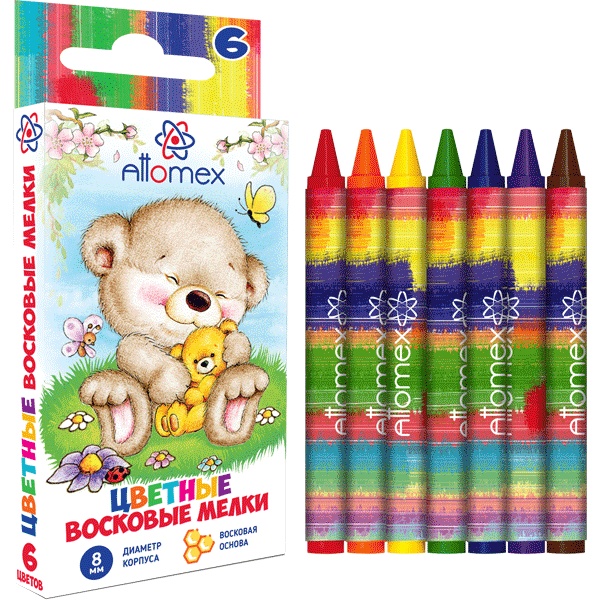 Мелки восковые 6 цветов, круглые, инд. обертка, Attomex (к/к)