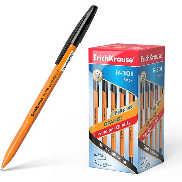 Ручка шариковая черная, 0.7 мм, узел Standard, грип, ErichKrause R-301 Stick Orange