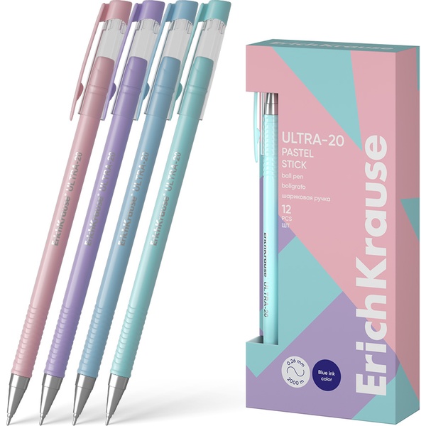 Ручка шариковая синяя, 0.7 мм, узел-игла, рифл. грип, Super Glide, ErichKrause ULTRA-20 Stick Pastel Ручка шариковая синяя, 0.7 мм, узел-игла, рифл. грип, Super Glide, ErichKrause ULTRA-20 Stick Pastel