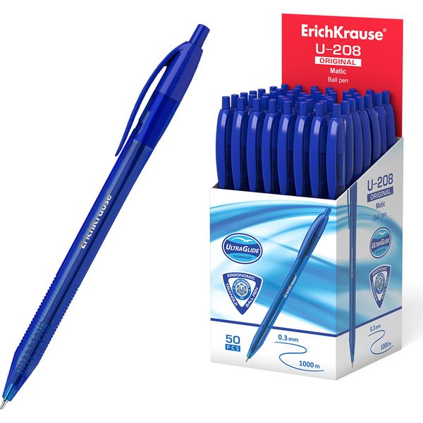 Ручка шариковая автомат., синяя, 1.0 мм "игла", рифл. упор, трехгр., ErichKrause U-208 Matic Original
