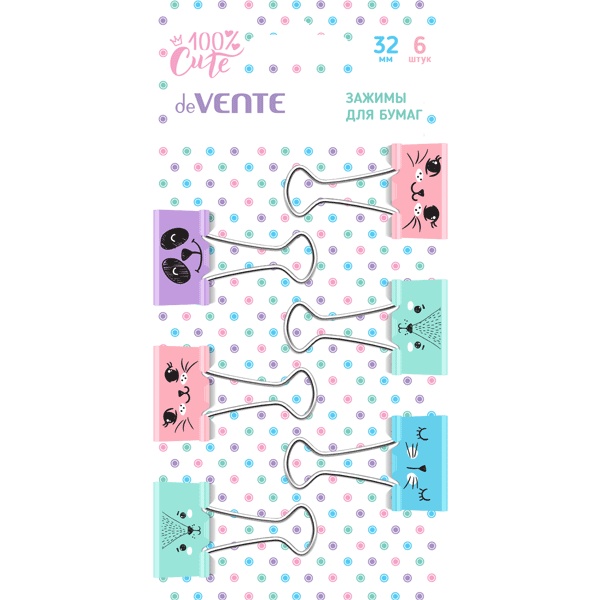 Зажимы для бумаг 32 мм, 6 шт., цветные с дизайном, deVENTE 100% Cute