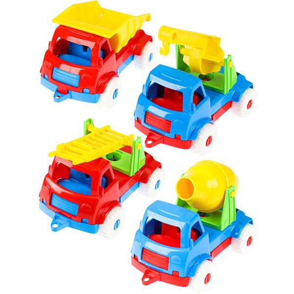 Набор машинок № 6 (4 шт.: пожарная, самосвал, кран, бетономешалка), 12 см