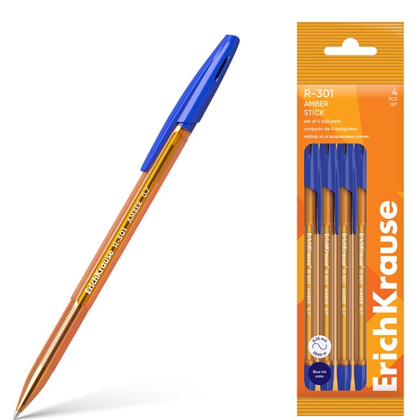 Ручки шариковые, набор 4 шт./синие, 0.7 мм, рифл. грип, ErichKrause R-301 Stick Amber Ручки шариковые, набор 4 шт./синие, 0.7 мм, рифл. грип, ErichKrause R-301 Stick Amber