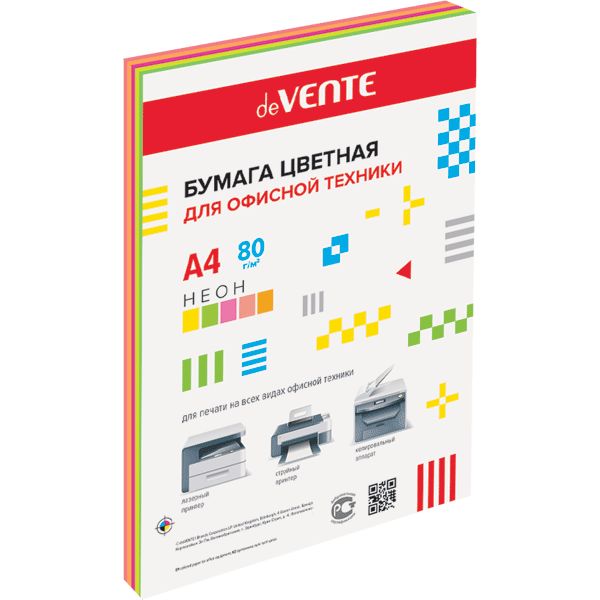 Бумага цветная А4/75/100 л., неоновая, 5 цветов, deVENTE Бумага цветная А4/75/100 л., неоновая, 5 цветов, deVENTE
