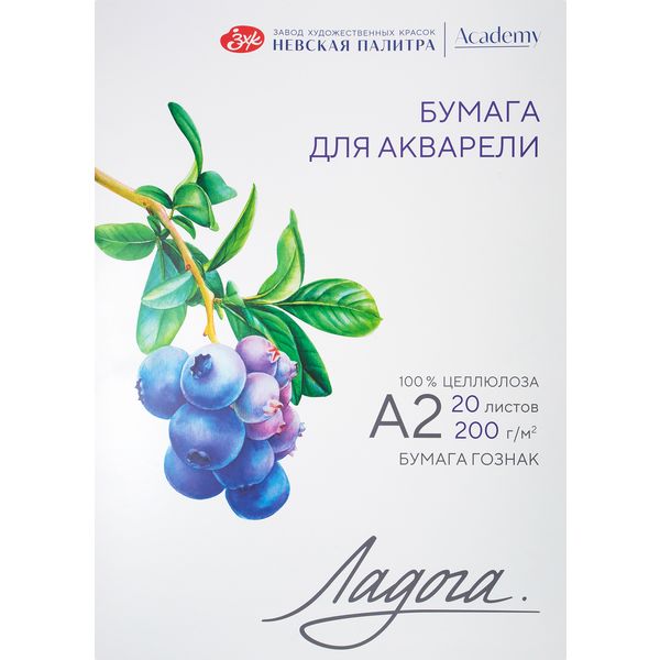 Папка для акварели, А2, 20 л., 200 г/м², цв: белый, ср. зерно, целлюлоза 100%, ЛАДОГА