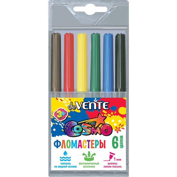 Фломастеры 6 цветов, чернила в/о, цв. вент. колпачок, круг. корп., ШЛ 1 мм, deVENTE Cosmo (пвх)