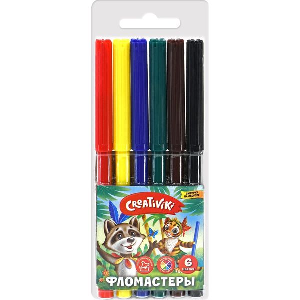 Фломастеры 6 цветов, чернила в/о, вент. колпачок, круг. корп., ШЛ 2 мм, Creativiki (пвх конверт)