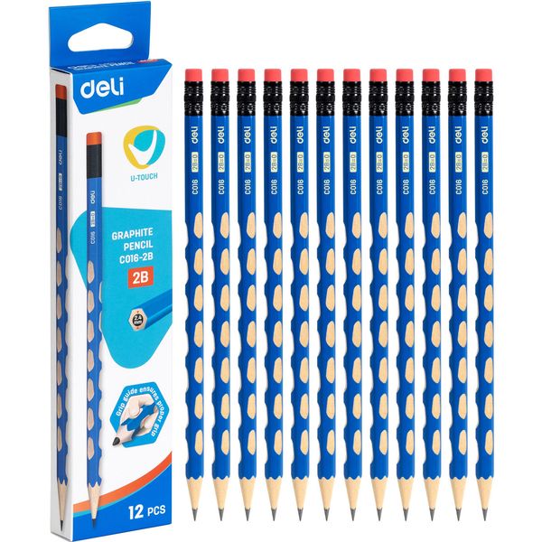 Карандаш чернографитный с ластиком, 2B, деревянный, шестигранный, эрг. выемки, синий, Deli U-Touch