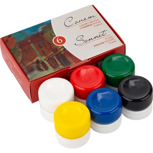 Краски гуашевые художественные СОНЕТ, 6 цветов, банка 20 мл, в к/к