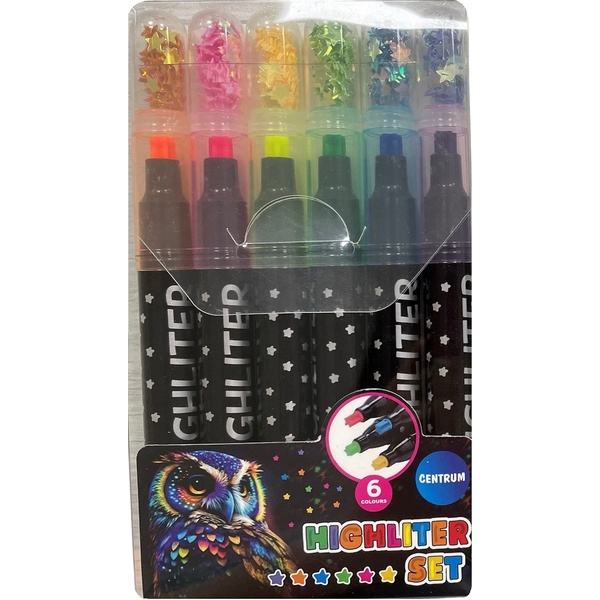 Текстмаркеры 6 цветов, неоновые с блестками, н-к "звезда", CENTRUM