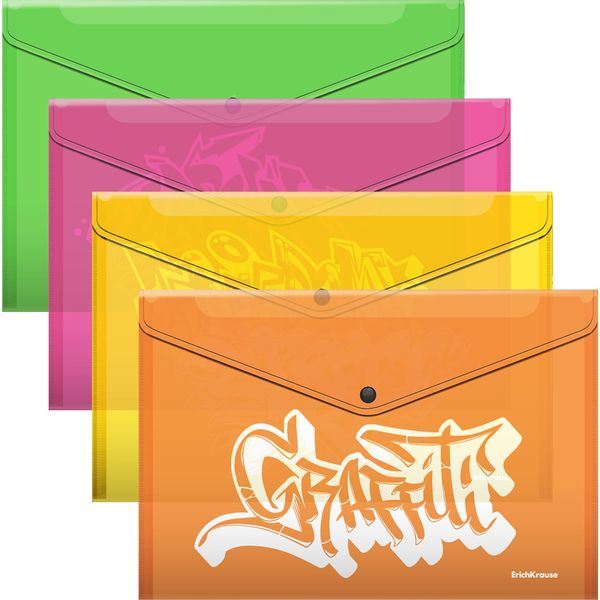 Папка-конверт на кнопке, А4, PP 180 мкм, полупрозрачная, ErichKrause Graffiti_Акция!!!