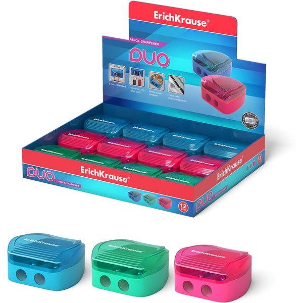 Точилка пластиковая, 2 отв., контейнер, ErichKrause Duo_3 дизайна