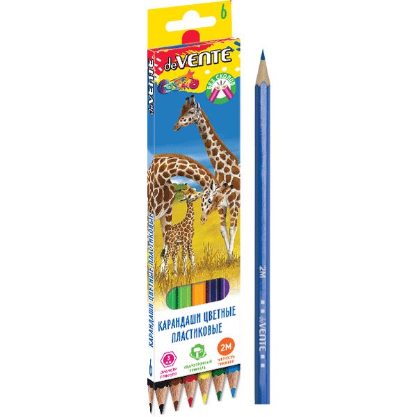 Карандаши цветные 6 шт., пластиковые, шестигранные, 2М, deVENTE Животный мир, в к/к