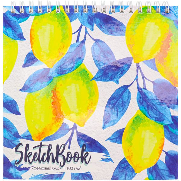 Скетчбук 165*165 мм, на гребне, 40 л., крем. блок 100 г/м², обл. 7БЦ, Prof-Press Яркие лимоны   Акция
