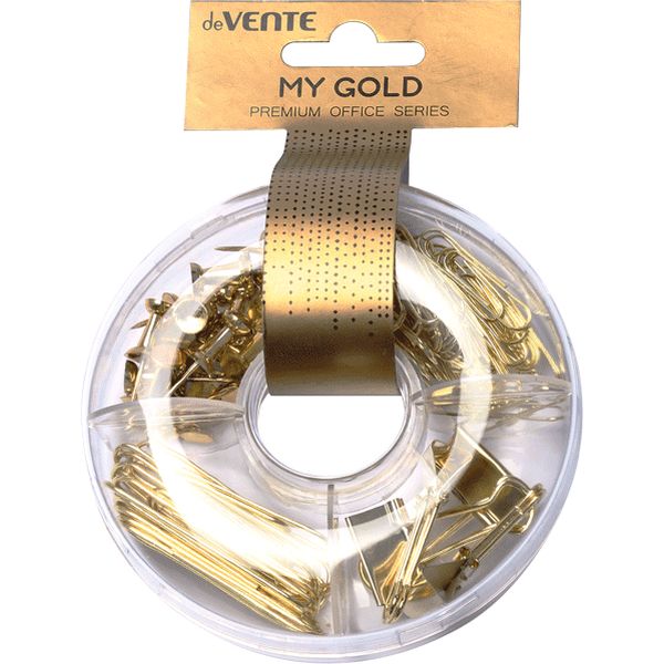 Крепежи канцелярские deVENTE My Gold (кнопки, скрепки, зажимы), 89 шт., в пластиковом боксе Крепежи канцелярские deVENTE My Gold (кнопки, скрепки, зажимы), 89 шт., в пластиковом боксе