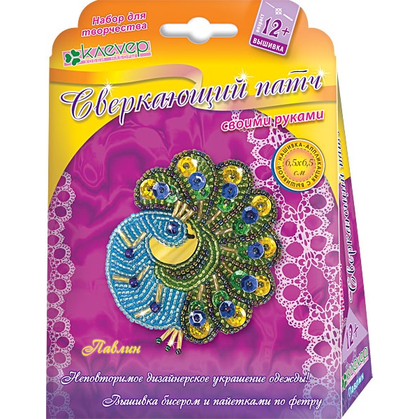 Набор для вышивания бисером. Kлеvер Сверкающий патч_Павлин, 12+