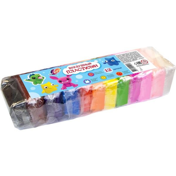 Пластилин воздушный (легкий) ЛУЧ, застывающий, 12 цветов, 10 г/шт., п/п