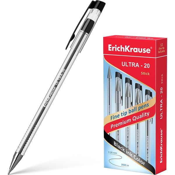 Ручка шариковая черная, 0.7 мм "игла", рифл. упор, метал. н-к, ErichKrause ULTRA-20 Stick Classic
