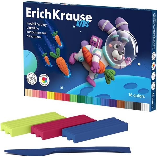 Пластилин классический ErichKrause Kids Space Animals, 16 цветов, 288 г, стек в комплекте, к/упак.