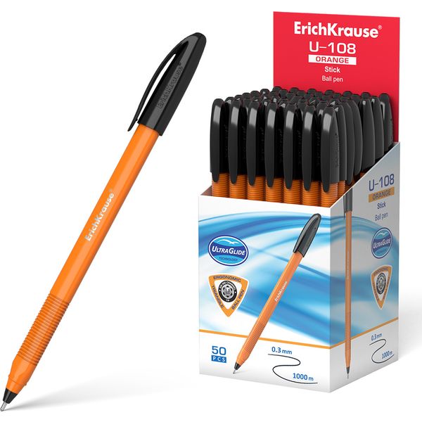 Ручка шариковая черная, 1.0 мм, узел-игла, грип, ErichKrause U-108 Stick Orange