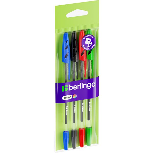 Ручки шариковые, набор 4 шт./4 цв., Ø 1.0 мм, лин. 0.8 мм, ДП 1600 м, прозр. корп., Berlingo Tribase