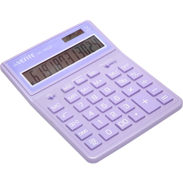 Калькулятор базовый deVENTE DD-4442P, 12-разряд., ЖК, 1 яч. памяти, дв. питание, 00, →, сиреневый Калькулятор базовый deVENTE DD-4442P, 12-разряд., ЖК, 1 яч. памяти, дв. питание, 00, →, сиреневый
