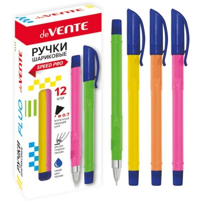 Ручка шариковая 0.7 мм, синяя, deVENTE Fluo, игольчатый ПУ, Ultra Glide, метал. наконечник, ассорти 