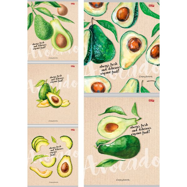 Тетрадь А5, клетка, 48 л., на скобе, 60 г/м², обл. мел. бум., Profit Авокадомания_5 дизайнов 