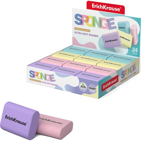 Ластик ErichKrause Sponge, экстрамягкий, Eco-PVC (Dust free), эрг. форма, 37*33*15 мм, 4 цвета