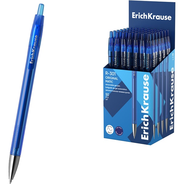 Ручка гелевая автомат., синяя, лин. 0.4 мм, ДП 500 м, риф. грип, ErichKrause R-301 Original Gel Matic
